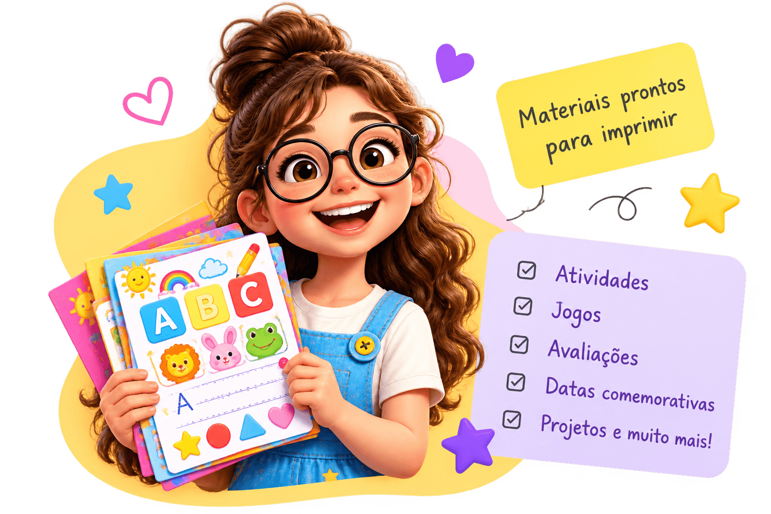 Professora sorridente segurando atividades impressas, com lista: atividades, jogos, avaliações, datas comemorativas e projetos